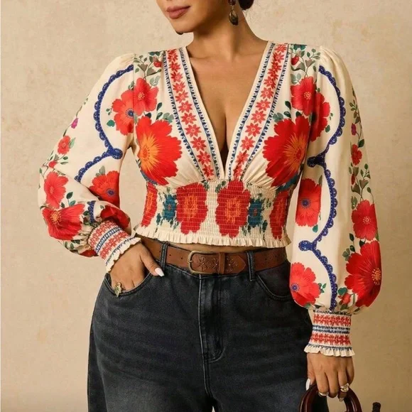 Plus Size Romantic Bohemian Floral Print Long Sleeve Tie Front Blouse Shirt - Picture 10 of 14